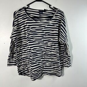 BLUE Saks Fifth Avenue Striped 3/4 Sleeve Top Women's‎ M/M Navy Cream